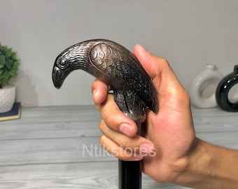 Victorian Raven Walking Stick: Handcrafted Brass Handle, 37" Foldable Cane