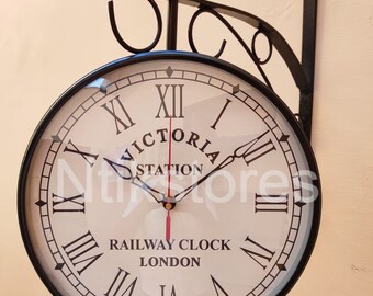 Station Clock Double Sided  Black Antique Finish Wall Clock Home & Office Decor Victoria 1747 London Wall Clock