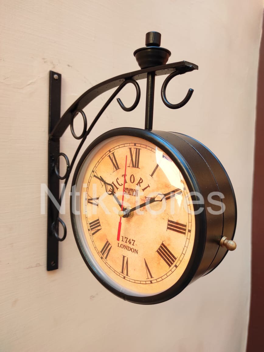Station Clock Double Sided Black Antique Finish Wall Clock Etsy