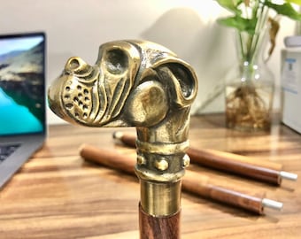Rosewood Walking Stick with Brass Dog Bull Handle - 37 Inch