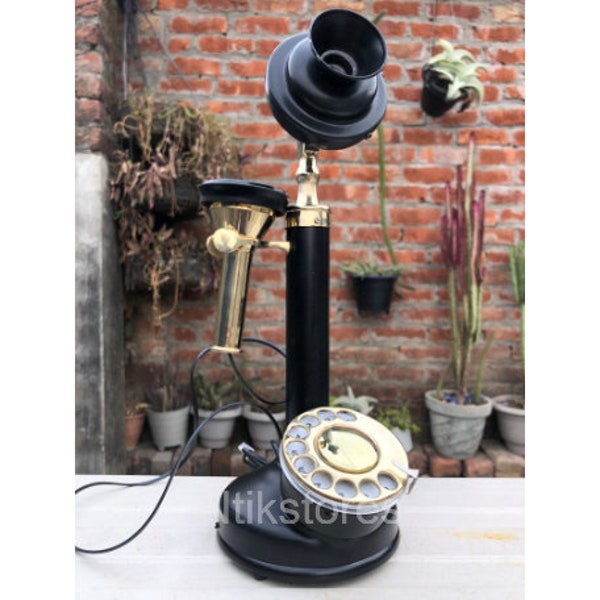 Antique Rotary Dial Candlestick Telephone Vintage Landline Brass Phone with Working Mechanism Perfect for Desk Decor Nostalgic Communication