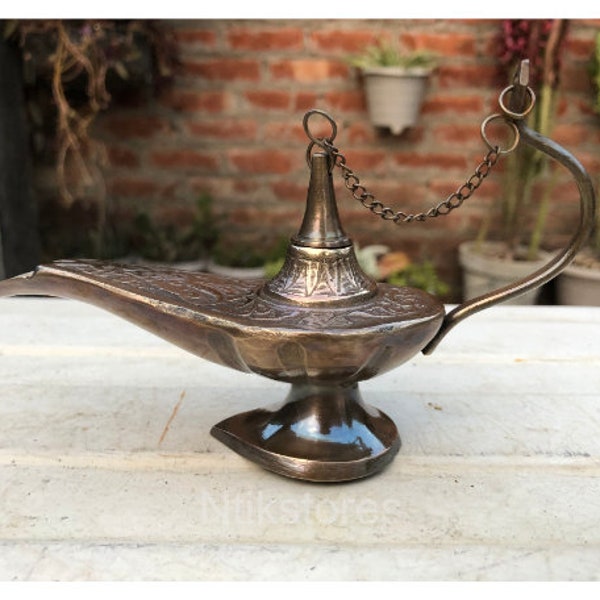 Brass Aladdin oil lamp genie Vintage solid polish & Antique magic chirag flower pattern Incense Burner