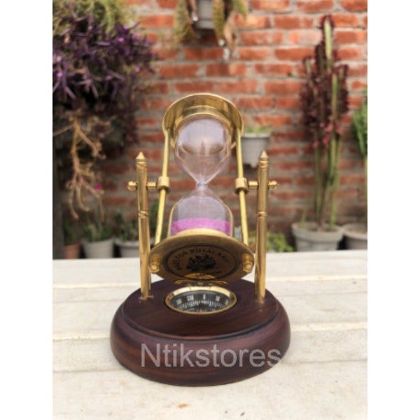 Antique Sand Timer With Compass On Wooden Base Vintage Hanging Brass Hour Glass Nautical Brass Revolving Sand Timer