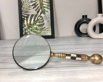 Brass Magnifying Glass Mother of pearl Black & white Chess Style 10" handle magnifier Reading books Gift for elder brother and mother Gift