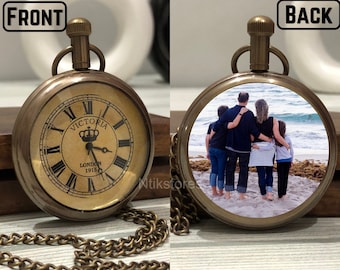 Montre de poche personnalisée avec photo ou texte avec chaîne, montre de poche avec image pour hommes, cadeaux de mariage pour lui, anniversaire, cadeaux de Noël