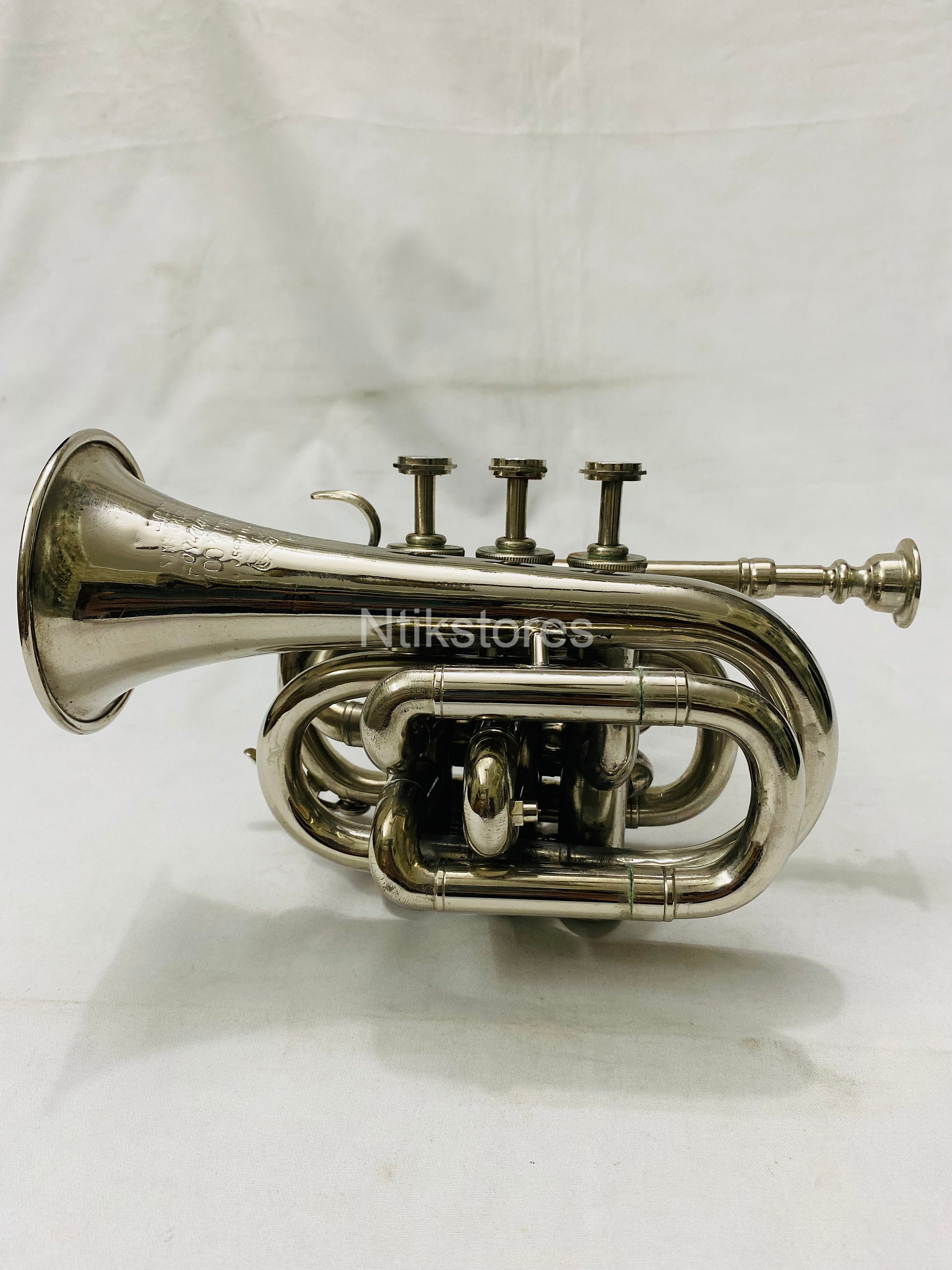 Brass Bugle Instrument Pocket Trumpet With 3 Valve with Mouth Piece Flugel  Horn