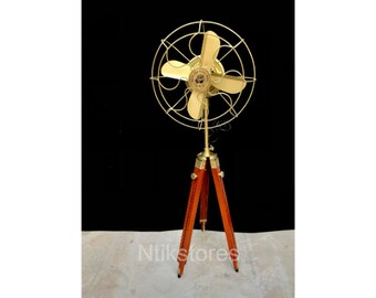 Antique Brass Fan with Wooden Tripod Stand: Working Nautical Treasure for Home and Office Use - Crafted for the Royal Navy, London