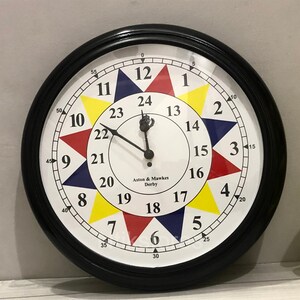Peut inclure: Une horloge murale ronde avec un cadre noir et un cadran blanc. Le cadran comporte des marqueurs triangulaires colorés en rouge, jaune et bleu. Les aiguilles de l'horloge sont noires, et le texte "Aston & Mawkes Derby" est visible.