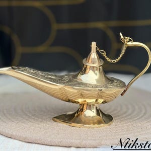 Brass Aladdin oil lamp genie Vintage solid polish & Antique magic chirag flower pattern Incense Burner