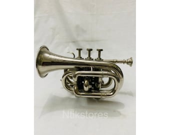 Brass Polished Bugle Instrument Pocket Trumpet With 3 Valve Vintage Flugel Horn, Antique brass Trumpet Horn Bugle Horn  Mouthpiece Best Gift