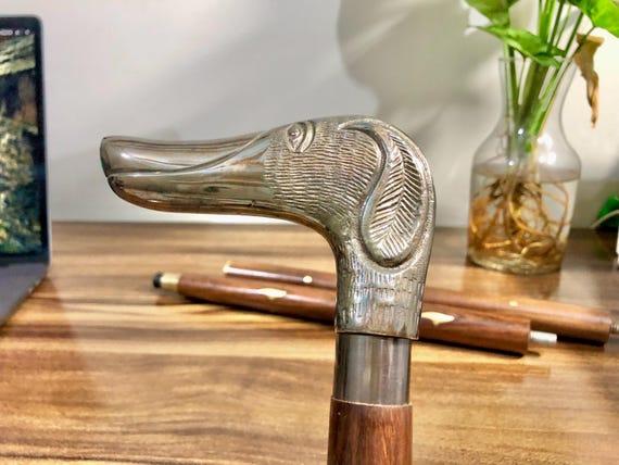 Victorian Dog Walking Stick: Brass Handle, 3-Fold Cane, 37"