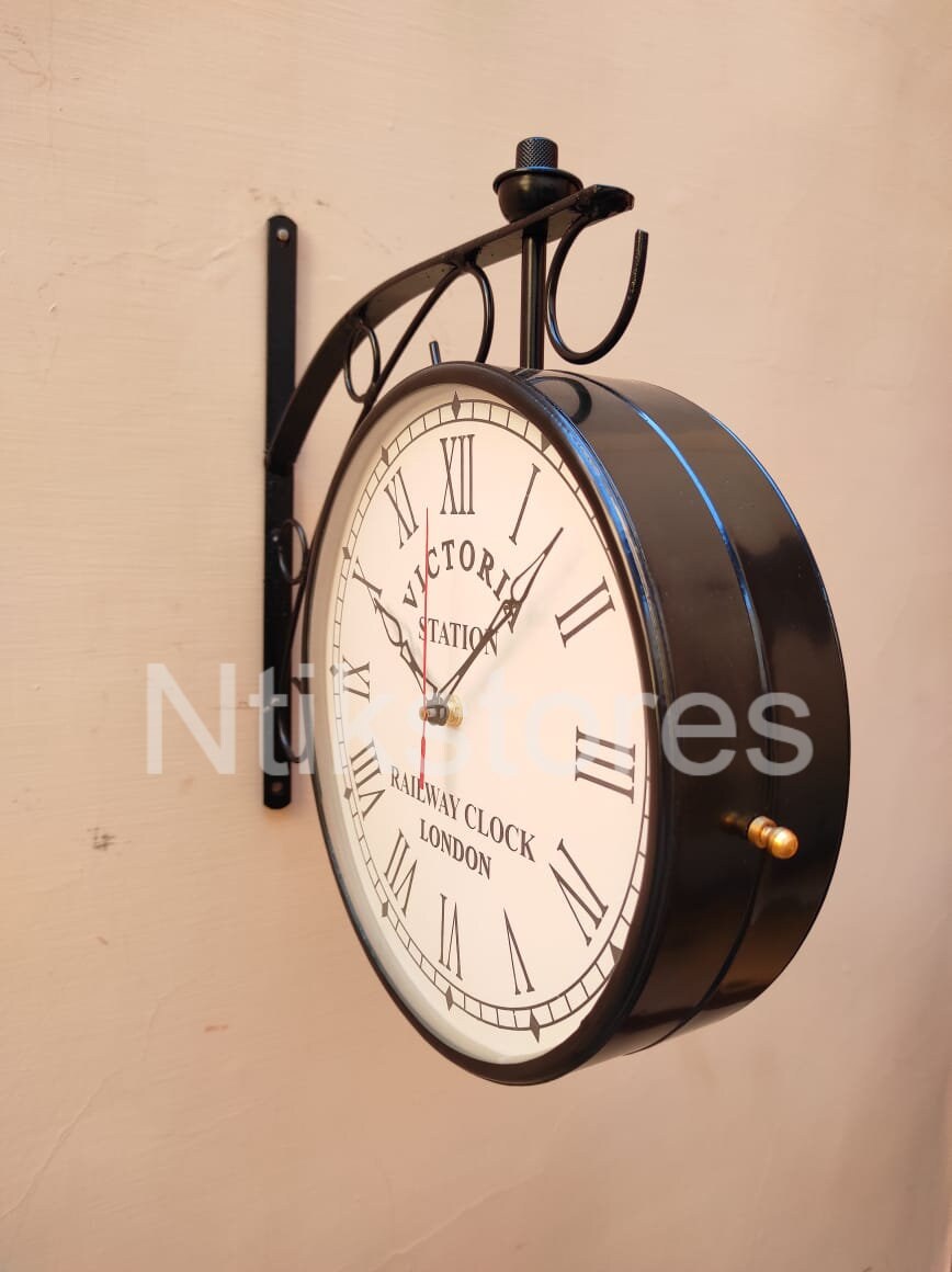 Station Clock Double Sided Black Antique Finish Wall Clock Etsy