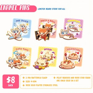May include: Six enamel pins featuring cartoon characters in various scenes labelled Mr. Pilot, Rock & Roll, Charming, Bath Time, Nyam, and Figgycake. The pins are rose gold plated stainless steel, measure 4-5 cm, and feature a 2 pin butterfly clasp.