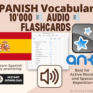 Schede didattiche Anki in spagnolo con audio e illustrazioni / Guida allo studio dello spagnolo per vocabolario, grammatica, pronuncia e traduzioni in inglese