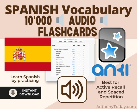 Spanish Flashcards with Audio | Anki Vocabulary Cards Simplified Learning (Digital Download)