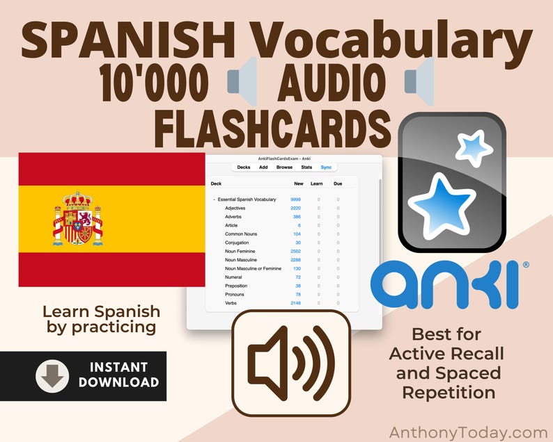 Spanish Anki Flashcards with Audio & Illustrations | Spanish Study Guide for Vocabulary, Grammar, Pronunciation and English Translations Spanish Anki Flashcards with Audio & Illustrations | Spanish Study Guide for Vocabulary, Grammar, Pronunciation