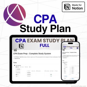 Puede incluir: Un plan de estudio de CPA digital que se muestra en una tableta y un teléfono inteligente. El texto "CPA Study Plan" está en letras azules grandes. Las pantallas de la tableta y el teléfono muestran la interfaz del plan de estudio. La imagen incluye el logotipo "Made for Notion".