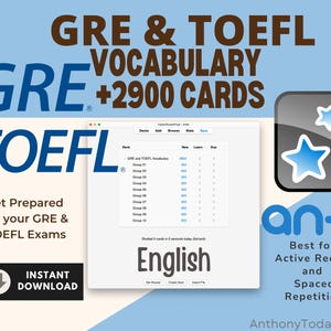 Flashcards ultimes de vocabulaire GRE et TOEFL | Anki English Study Cards pour la préparation aux tests, la construction de vocabulaire et la réussite aux examens | Apprenez des mots rapidement