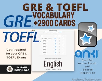Tarjetas de vocabulario GRE y TOEFL Anki / Tarjetas de estudio digitales (descarga digital)