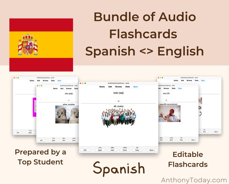 Spanish Anki Flashcards with Audio & Illustrations | Spanish Study Guide for Vocabulary, Grammar, Pronunciation and English Translations Spanish Anki Flashcards with Audio & Illustrations | Spanish Study Guide for Vocabulary, Grammar, Pronunciation