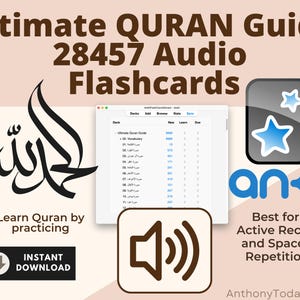 Guía definitiva de estudio del Corán con flashcards de Anki / Aprenda árabe coránico / Domine el vocabulario, la gramática y el tajweed con herramientas de estudio mejoradas con audio