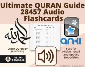 Tarjetas de vocabulario árabe coránico con audio / Tarjetas de vocabulario Anki: gramática y Tajweed (descarga digital)