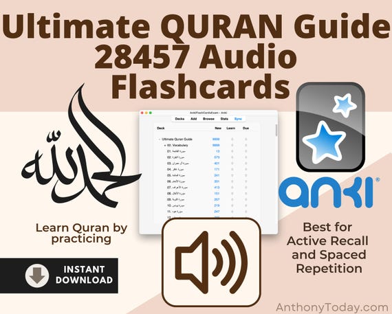 Quranic Arabic Flashcard with Audio | Anki Vocabulary Cards Grammar & Tajweed (Digital Download)