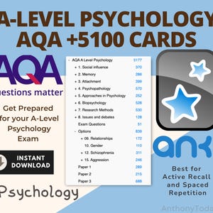 Schede didattiche di psicologia di livello A AQA / Schede di studio Anki per domande di preparazione all'esame AQA / Revisione di psicologia semplificata / Padroneggia facilmente gli argomenti chiave