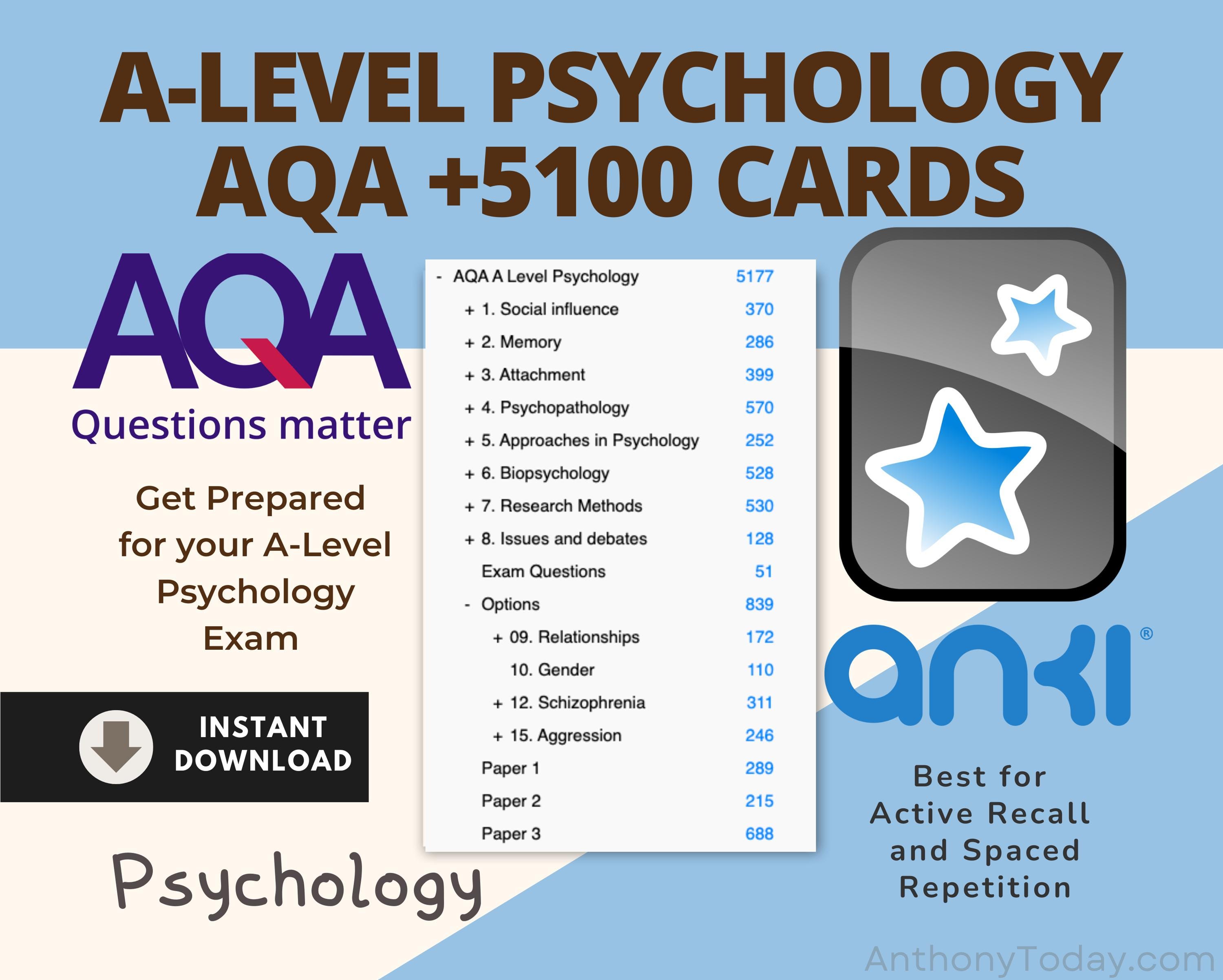 Tarjetas de estudio AQA de psicología de nivel avanzado / Tarjetas de estudio Anki para preguntas de preparación de exámenes AQA / Revisión de psicología simplificada / Domine temas clave fácilmente