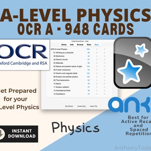 Un niveau de physique OCR Anki Flashcards | Concepts clés, formules et sujets | Outil d'étude approfondie pour réussir l'examen de physique