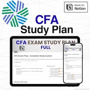 Könnte beinhalten: Ein digitaler Studienplan für die CFA-Prüfung, dargestellt auf einem Tablet und Smartphone. Der Text "CFA Study Plan" ist prominent, zusammen mit dem Logo "Made for Notion". Der Plan enthält wichtige Links und Dokumente.