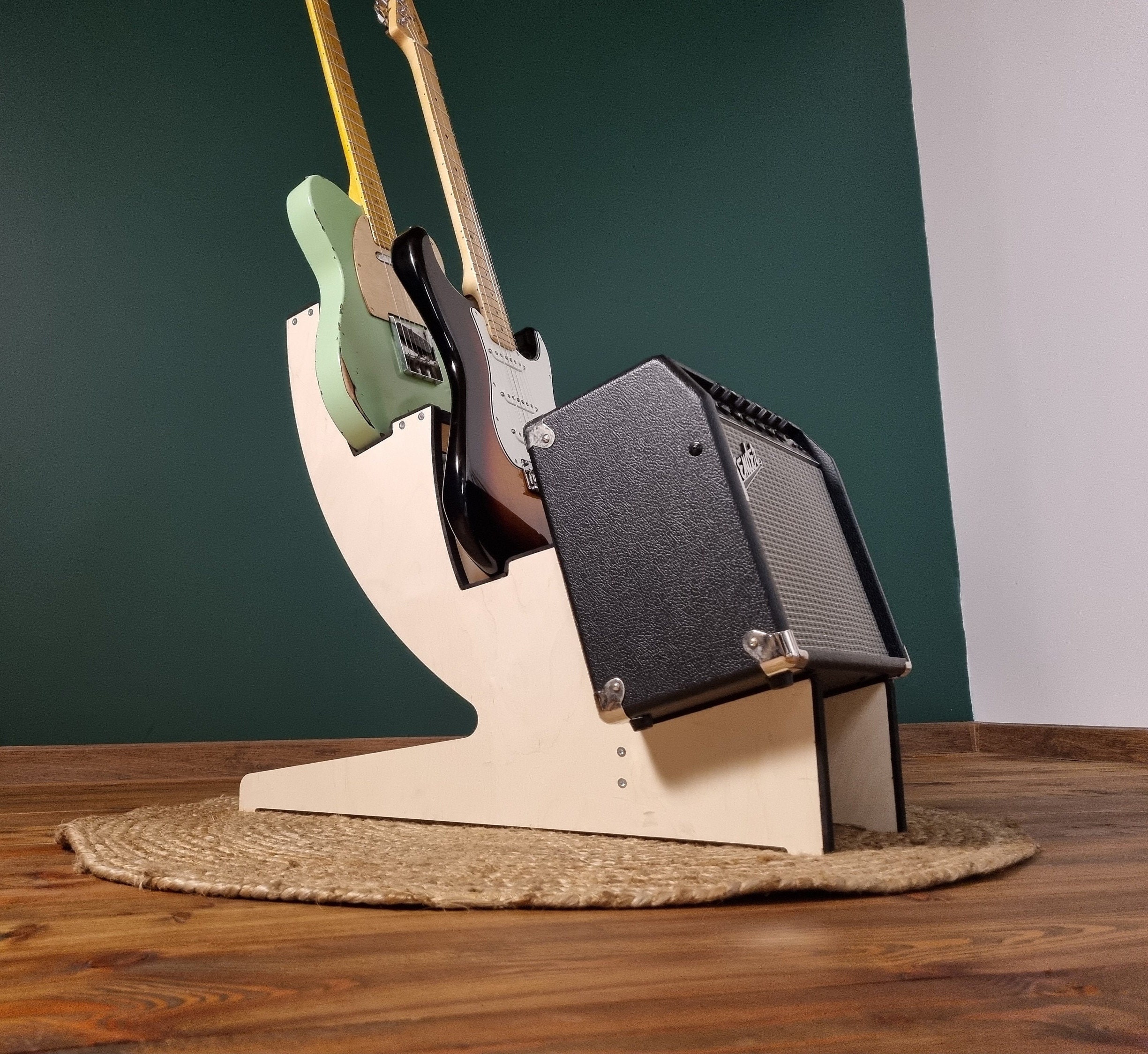 Soporte de pared doble para guitarra con estante, perchas de madera maciza  para guitarra/ukelele con 2 soportes para guitarra y púas para montaje en