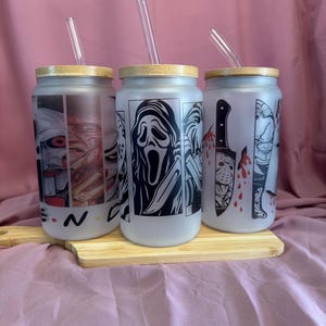 Halloween Horror Glass Cup with Bamboo Lid & Straw | 16oz Beer Can Glass | Spooky Gift for Horror Fans