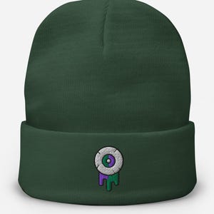 Embroidered Trippy Eyeball Beanie: Cotton-Blend Knit Winter Cap