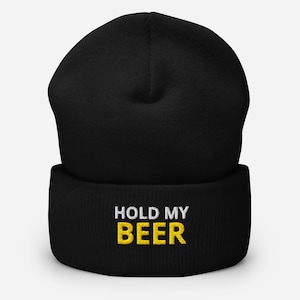 Embroidered &#39;Hold My Beer&#39; Cuffed Beanie - Winter Cap