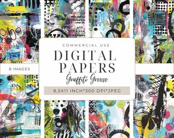 Puede incluir: Una colección de ocho papeles digitales con diseños abstractos de estilo graffiti. Los papeles presentan una mezcla de colores que incluyen negro, blanco, amarillo, azul y rosa. El texto "DIGITAL PAPERS Graffiti Groove" se muestra. Cada papel mide 21,6 x 27,9 cm.