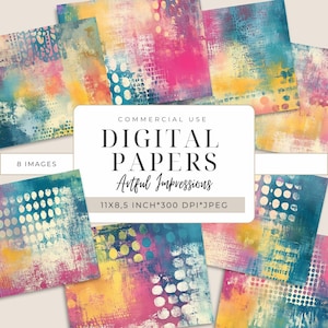 May include: A collection of eight digital papers with abstract art designs. The papers feature a variety of colors, including pink, yellow, blue, and white. Each paper is 11 x 8.5 inches and 300 DPI. The text on the image reads "DIGITAL PAPERS Artful Impressions".