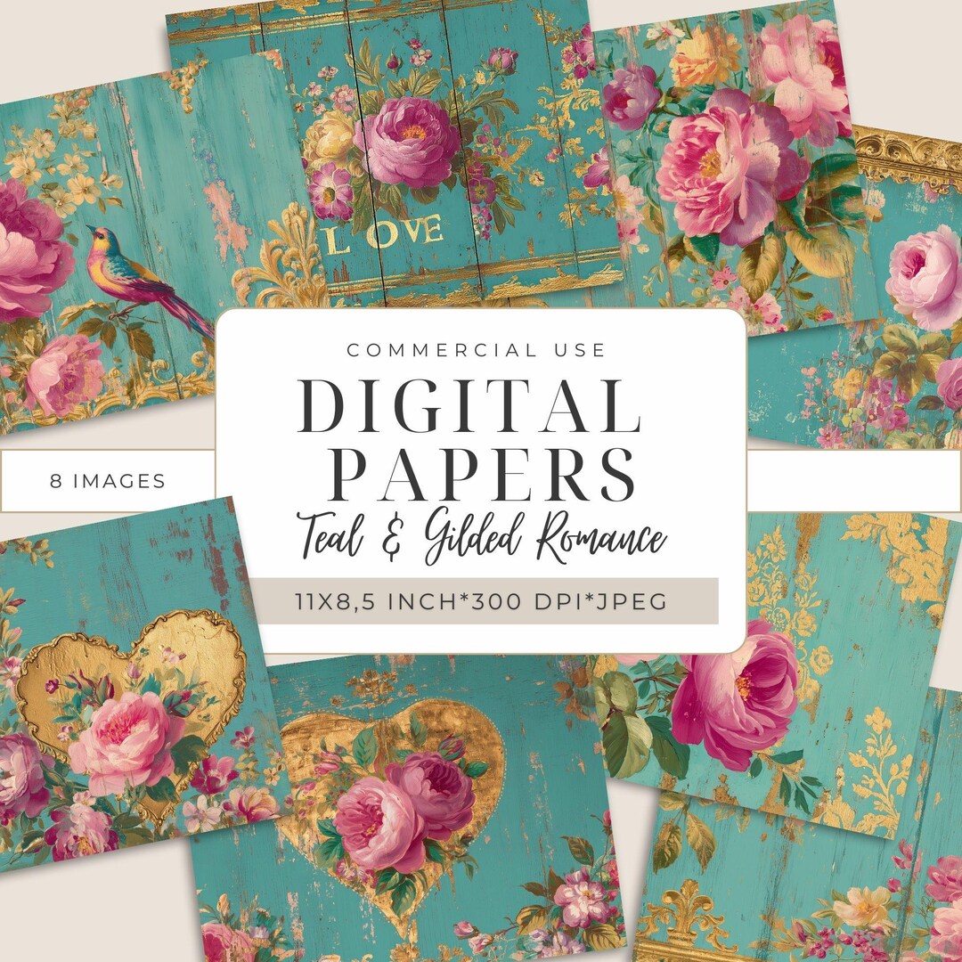 Teal Roses Digital Teal Floral Digital Paper – Gilded Roses, Junk Journal (digital ...
