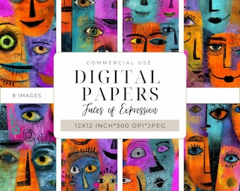 Può includere: Carte digitali con volti astratti colorati. L'opera d'arte comprende tonalità arancioni, viola e blu. Il testo sull'immagine recita "DIGITAL PAPERS Faces of Expression 12X12 INCH*300 DPI*JPEG".