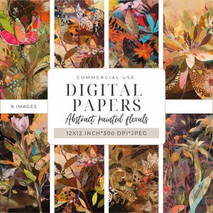 Abstracte bloemen I Mixed media-stijl Digitaal papier | Afdrukbaar plakboekpapier | DIY Crafts & Mixed Media I Achtergrondpapier I 12 x 12