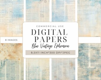 Blue Vintage Ephemera: Antique Style Digital Paper Pack (8.5x11, JPG, 300 DPI) (Digital Download