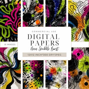 May include: Eight digital papers showcasing neon scribble burst designs. The abstract art features bright colours including pink, yellow, and blue. Each paper measures 30.48 x 30.48 cm and has a resolution of 300 DPI.