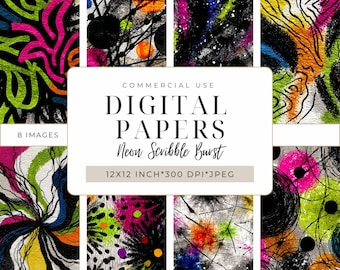 Neon Scribble Burst Digital Papers – 80s Graffiti Pop Art for Scrapbooking, Junk Journals, Printable Collage & Mixed Media Crafts I DPMJ193