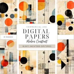 May include: A collection of eight digital papers with a modern construct design. Each paper features abstract geometric shapes in orange, black, yellow, and blue against a neutral background. The papers are 8.5x11 inches and 300 DPI, suitable for commercial use.