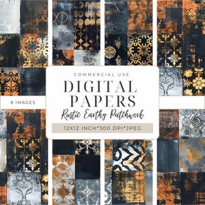 Könnte beinhalten: Eine Sammlung digitaler Papiere mit einem rustikalen, erdigen Patchwork-Design. Die Papiere weisen eine Vielzahl von Texturen und Mustern in Schwarz, Gold und Orange auf. Das Bild enthält den Text "DIGITAL PAPERS" und "Rustic Earthy Patchwork". Jedes Papier ist 30,48 x 30,48 cm groß.