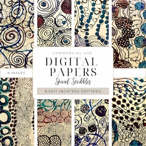 May include: Digital papers featuring abstract spiral scribble designs in blue, brown, and teal. The image includes the text "DIGITAL PAPERS Spiral Scribbles" and "8.5x11 inch * 300 DPI * JPEG".