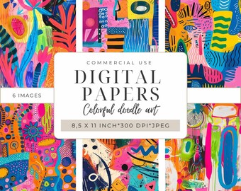 Puede incluir: Seis papeles digitales con arte abstracto de doodle colorido en colores brillantes como rosa, azul, amarillo, verde y naranja. Los papeles son de 8,5 x 11 pulgadas y 300 DPI.