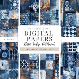 Può includere: Una collezione di carte digitali con un design patchwork indaco rustico. Le carte presentano una varietà di motivi blu e marroni, tra cui forme geometriche e motivi floreali. Il testo sull'immagine recita "DIGITAL PAPERS Rustic Indigo Patchwork 12x12 inch * 300 DPI * JPEG".