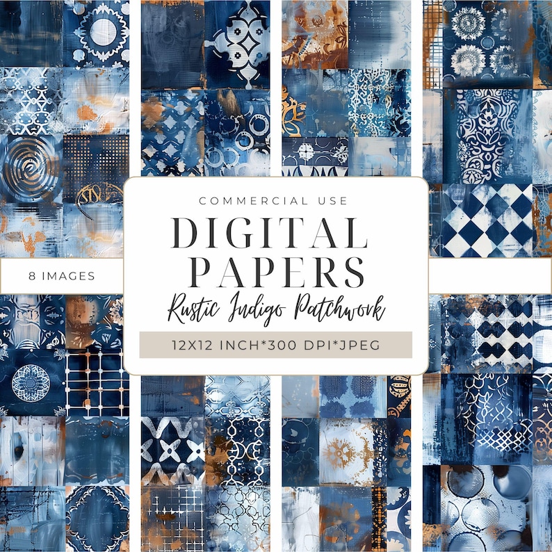 Rustic Indigo Patchwork: Digital Papers Set, Vintage Tiles & Patterns, printable Backgrounds for Scrapbooking, Collage, Mixed Media, DIY Crafts, 12x12 inch I DPMJ538