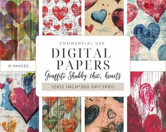 May include: Set of eight digital papers featuring a variety of heart designs in red, blue, and pink. The hearts are drawn on a variety of backgrounds, including wood, brick, and canvas. The papers are 12x12 inches and 300 DPI.